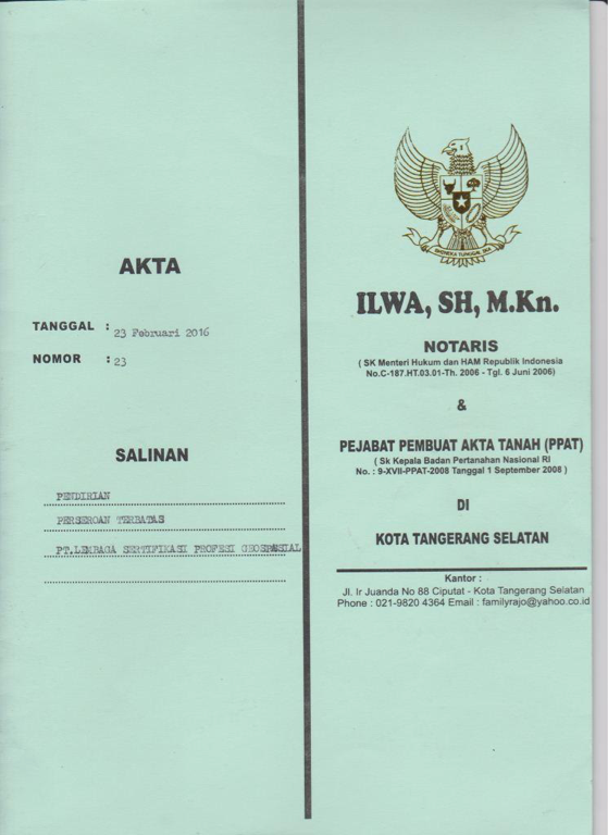 Halaman depan Akte Perubahan Pendirian LSP Geospasial