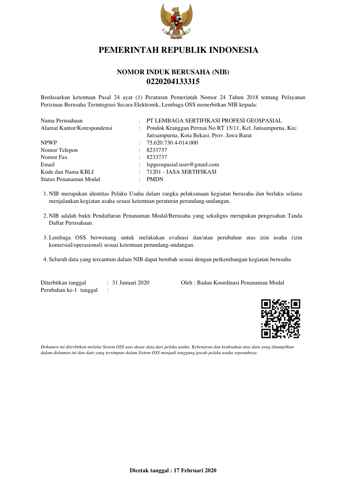 Halaman depan NIB LSP GEOSPASIAL
