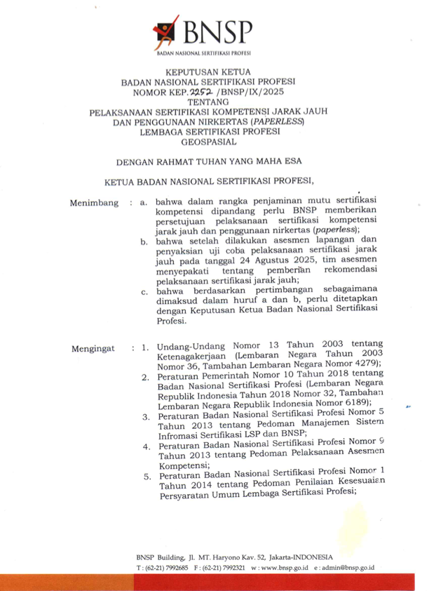 Halaman depan SK PELAKSANAAN SERTIFIKASI KOMPETENSI JARAK JAUH DAN PENGGUNAAN NIRKERTAS LSP GEOSPASIAL